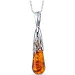 Amber Drop Pendant Necklace Sterling Silver Cognac Color SP11104